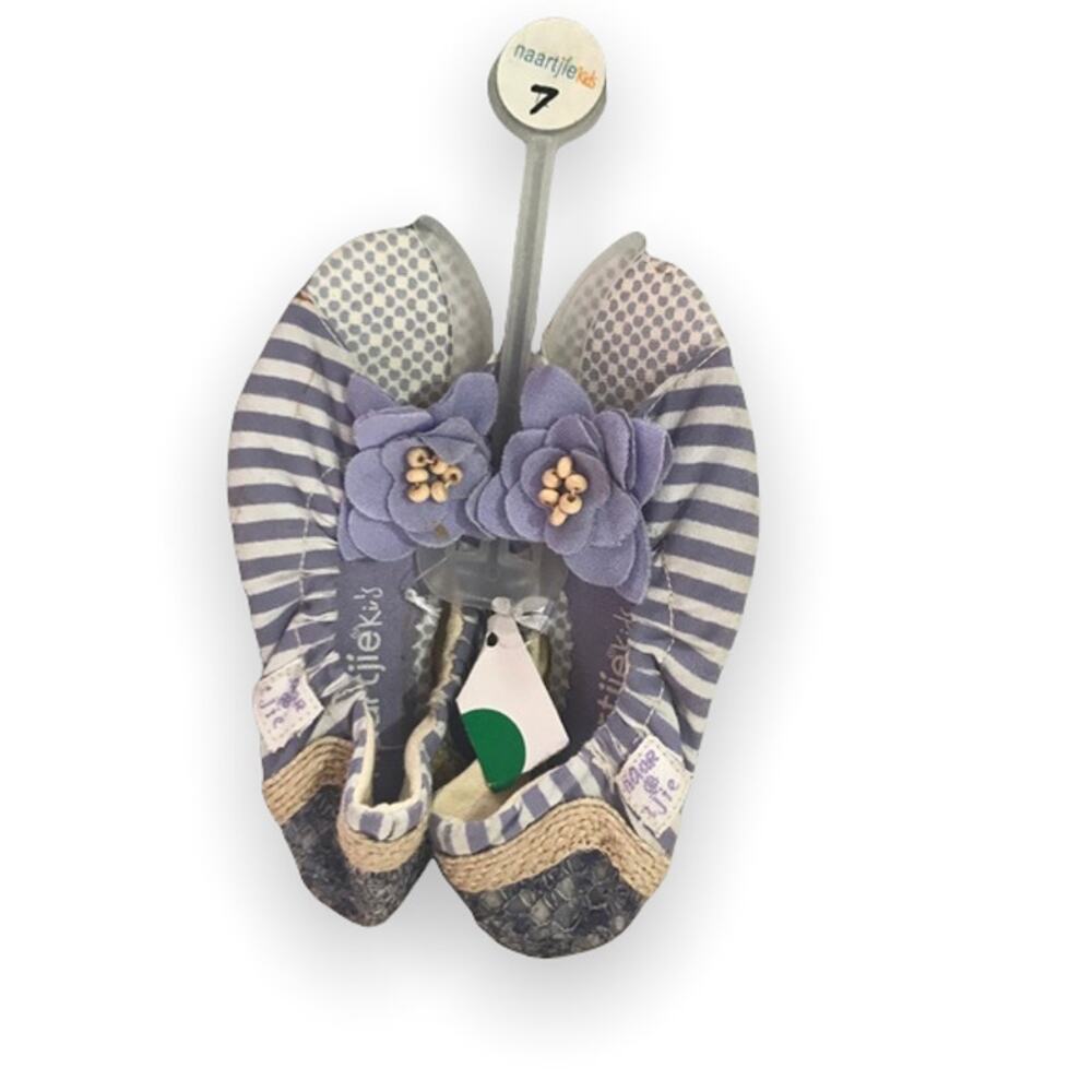 naartjie Girls Shoes Size 7 Lil Anise Peep Toe Flats Lavender‎ Stripe Flower NEW